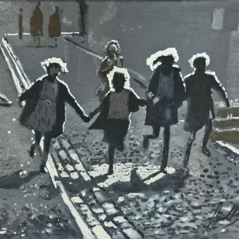 Painting titled "Children Playing" by David Coulter, Original Artwork, Oil Mounted on Wood Stretcher frame