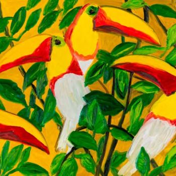 Painting titled "New Toucans Discove…" by Hunt Slonem, Original Artwork, Oil Mounted on Wood Stretcher frame