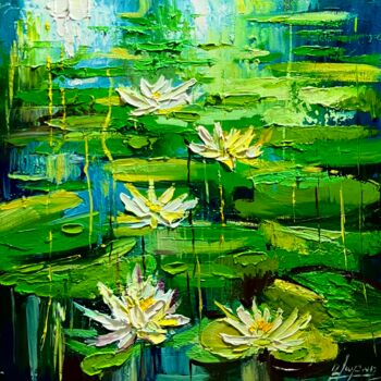 「Floating Lilies」というタイトルの絵画 Vahe Bagumyanによって, オリジナルのアートワーク, オイル ウッドストレッチャーフレームにマウント