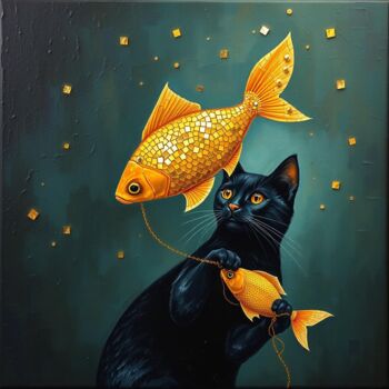 数字艺术 标题为“Lucky Black Cat” 由Davina Dugnas, 原创艺术品, 数字油画 安装在木质担架架上