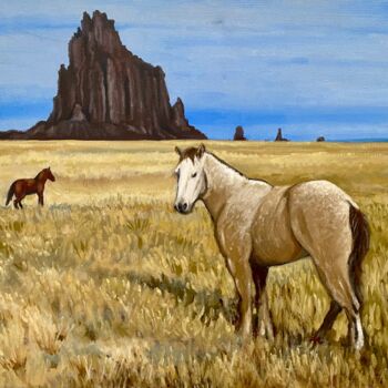 Schilderij getiteld "Mustangs at Shiprock" door Hilary J England, Origineel Kunstwerk, Olie