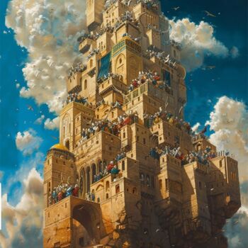 「Tower of Babel」というタイトルの絵画 Andre Gulyaevによって, オリジナルのアートワーク, オイル ウッドストレッチャーフレームにマウント