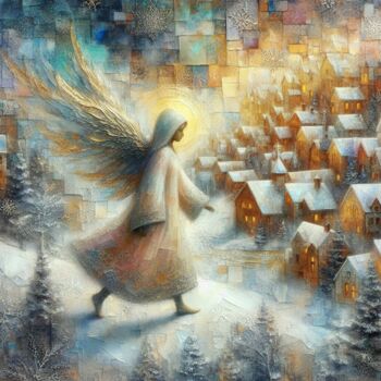 Digitale Kunst getiteld "Christmas Eve Angel" door Davina Dugnas, Origineel Kunstwerk, Digitale collage Gemonteerd op Frame…