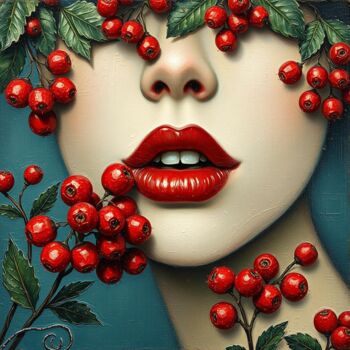 Digitale Kunst getiteld "Red cherry lips" door Davina Dugnas, Origineel Kunstwerk, Digitaal Schilderwerk Gemonteerd op Frame…