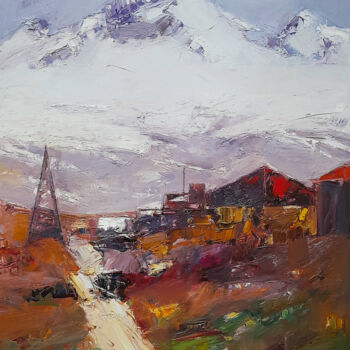 Pintura titulada "Village Beneath the…" por Mateos Sargsyan, Obra de arte original, Oleo Montado en Bastidor de camilla de m…