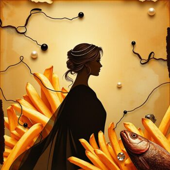 Digitale Kunst getiteld "Girl pearls and tak…" door Davina Dugnas, Origineel Kunstwerk, Digitale collage Gemonteerd op Frame…