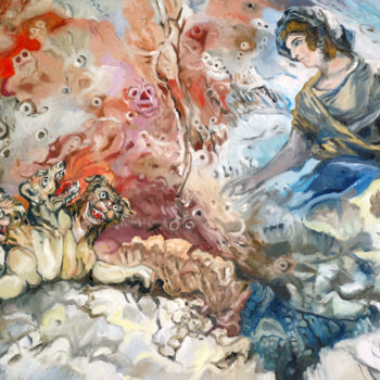 Painting titled "Devant l'Enfer" by Gilles Chambon, Original Artwork, Oil Mounted on Wood Stretcher frame