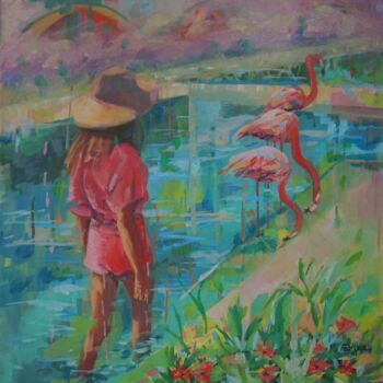 Painting titled "Rosa y azul" by Amaya F Fariza, Original Artwork, Oil Mounted on Wood Stretcher frame