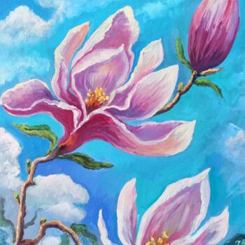Malarstwo zatytułowany „Pink Magnolia” autorstwa Inna Bebrisa, Oryginalna praca, Olej Zamontowany na Drewniana rama noszy