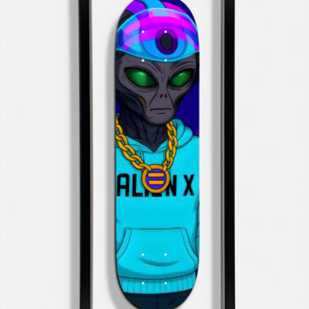 Γλυπτική με τίτλο "Skate Solana Alien X" από Vincent Faudemer, Αυθεντικά έργα τέχνης, Ξύλο Τοποθετήθηκε στο Ξύλινο φορείο σκ…
