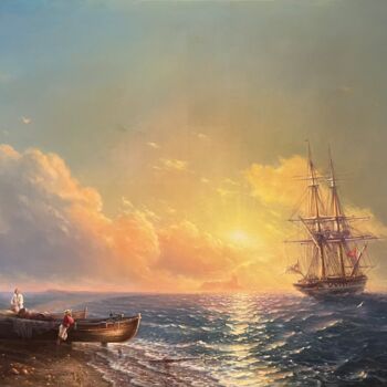 Painting titled "Fishermen by the Sea" by Samvel Atasunts, Original Artwork, Oil