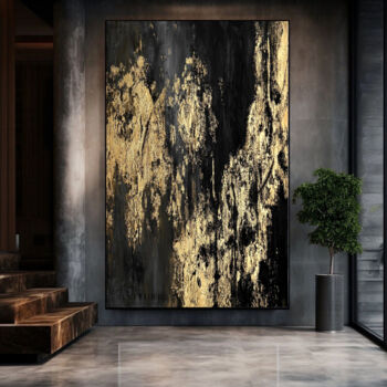 Картина под названием "Black Gold Leaf Abs…" - Artininterior, Подлинное произведение искусства, Акрил