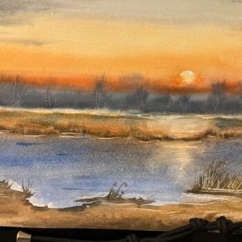 Painting titled "Marais" by Mireille Bridier, Original Artwork, Watercolor