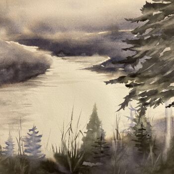 Painting titled "Soirée d'hiver" by Mireille Bridier, Original Artwork, Watercolor