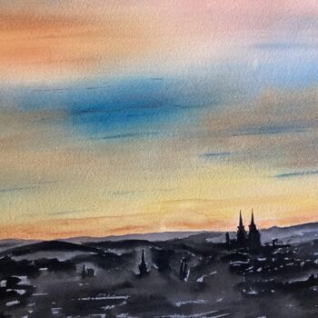 Painting titled "Ma ville" by Mireille Bridier, Original Artwork, Watercolor