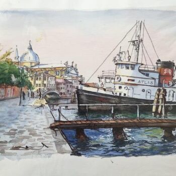 Painting titled "Quai à Venise" by Jean Retif, Original Artwork, Watercolor