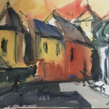 Painting titled "Place de l'Église" by Jean Retif, Original Artwork, Gouache