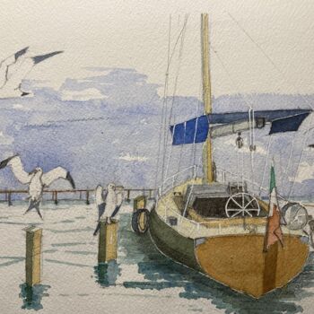 Peinture intitulée "Boat Pier " par Philippe Brunet, Œuvre d'art originale, Aquarelle