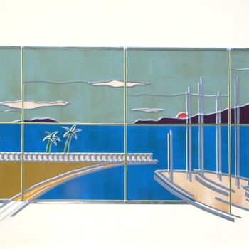 Painting titled " Blue Harbor" by Guy Laffont, Original Artwork, Aluminium