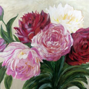 Painting titled "Pivoines" by Véronique Aufrere, Original Artwork, Oil
