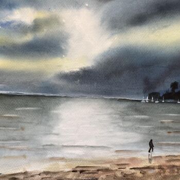 Painting titled "Promenade solitaire" by Mireille Bridier, Original Artwork, Watercolor