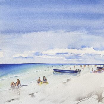 Painting titled "la petite barque bl…" by Gabrielle, Original Artwork, Watercolor