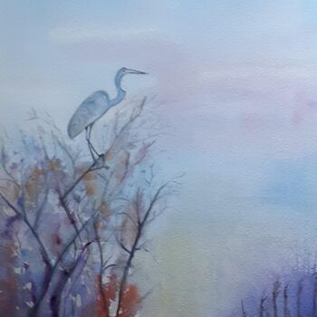 Painting titled "Le héron camarguais" by Garonne Garonne, Original Artwork, Watercolor