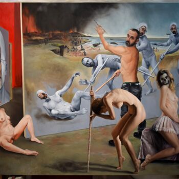 Painting titled "Face FS1568 Red Hou…" by Christophe Avella Bagur, Original Artwork, Oil