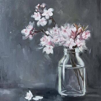 Painting titled "Cerisiers" by Anne Vervoort, Original Artwork, Oil Mounted on Wood Stretcher frame