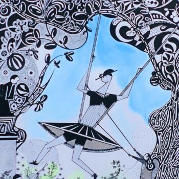 Drawing titled "L'escarpolette" by Esdez, Original Artwork, Ink