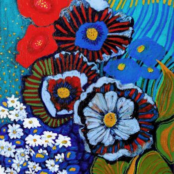 Painting titled "LES FLEURS" by Cha, Original Artwork, Oil