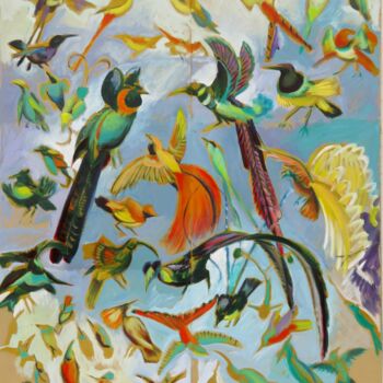 Painting titled "Oiseaux fond bleu 1" by Olivier Jullien, Original Artwork, Cardboard