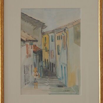 Painting titled "Promenade dans Arles" by Faby75, Original Artwork, Watercolor Mounted on Cardboard