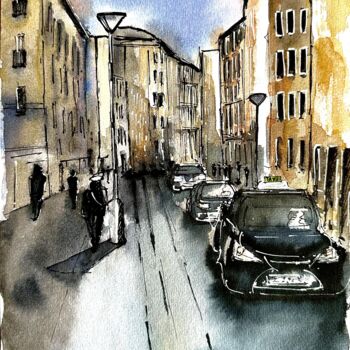 Painting titled "Rue du Commerce" by Franck Giraud, Original Artwork, Watercolor