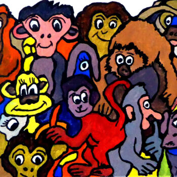 Painting titled "singes joyeux" by Yves Perrin, Original Artwork, Acrylic