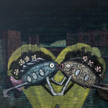 Painting titled "Poissons love" by Philippe Keat Chea Oum, Original Artwork, Acrylic
