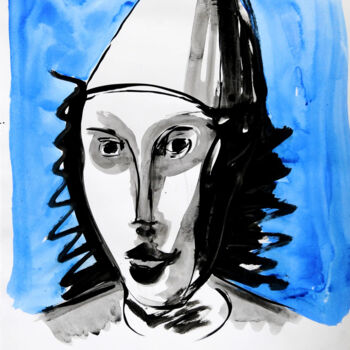 Drawing titled "Autoportrait en clo…" by Ilya Grinberg, Original Artwork, Ink