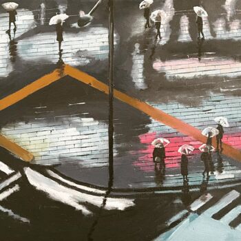 Painting titled "Pluie lumineuse" by Sophie Cousineau, Original Artwork, Oil Mounted on Wood Stretcher frame