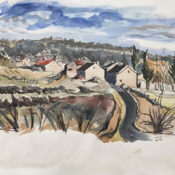 Painting titled "Village de Lozère,…" by Jean Retif, Original Artwork, Watercolor