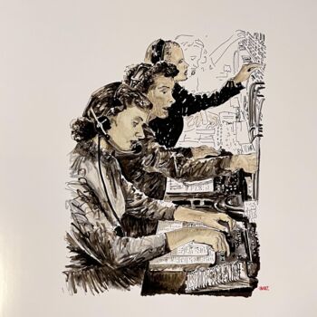 Drawing titled "Les dames du téléph…" by Bdv, Original Artwork, Textile fiber