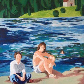 Painting titled "Au bord du lac avec…" by Brice Mantovani, Original Artwork, Oil Mounted on Wood Stretcher frame