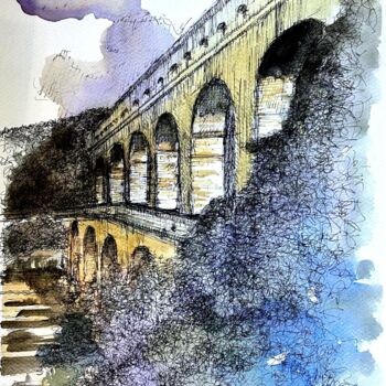 Dessin intitulée "Pont du Gard" par Franck Giraud, Œuvre d'art originale, Encre