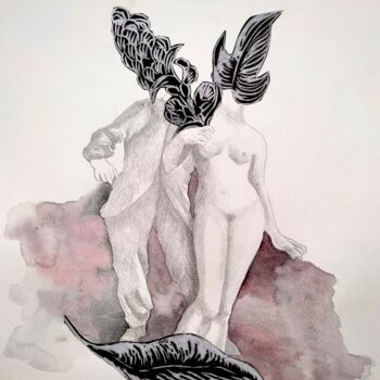 Collages titled "L'amour en visite" by Delphine Epron, Original Artwork, Watercolor