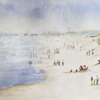 Painting titled "Brume sur la plage " by Gabrielle, Original Artwork, Watercolor