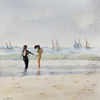 Painting titled "Les planchistes" by Gabrielle, Original Artwork, Watercolor