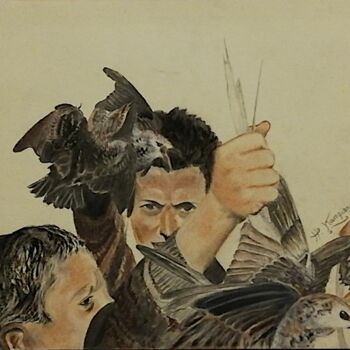 Dessin intitulée "Le marché aux oisea…" par Harry Kampianne, Œuvre d'art originale, Crayon