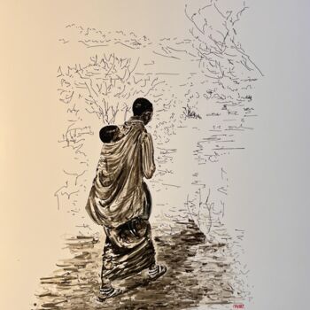 Drawing titled "Retour à la hutte " by Bdv, Original Artwork, Textile fiber
