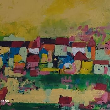 Painting titled "Maisons  tranquille…" by Eve Paradowski, Original Artwork, Acrylic Mounted on Wood Stretcher frame
