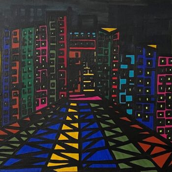 Painting titled "NUIT A LA DEFENSE" by Yammes, Original Artwork, Acrylic