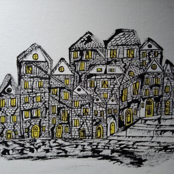 Peinture intitulée "VILLAGE" par Yammes, Œuvre d'art originale, Encre